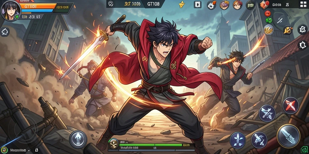 Screenshot gameplay GT108 yang menunjukkan aksi pertarungan menegangkan.