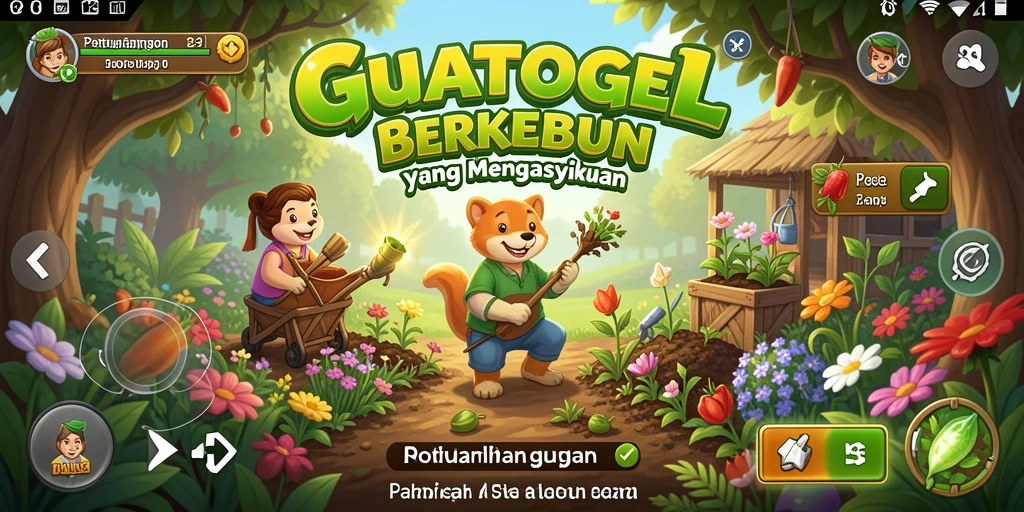 Tampilan gameplay GUATOGEL dengan kebun yang indah dan hewan yang menggemaskan.