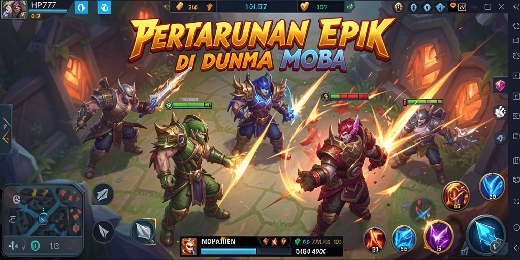 Screenshot gameplay HP777 menampilkan aksi seru dalam pertarungan MOBA.