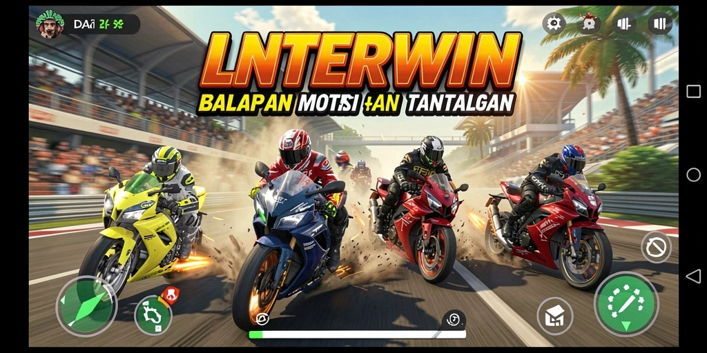Screenshot dari gameplay LNTERWIN di lintasan balapan yang mendebarkan.