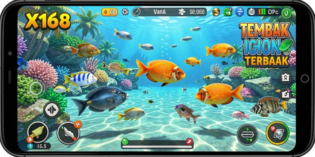 Gameplay seru X168 saat menembak ikan di bawah laut.