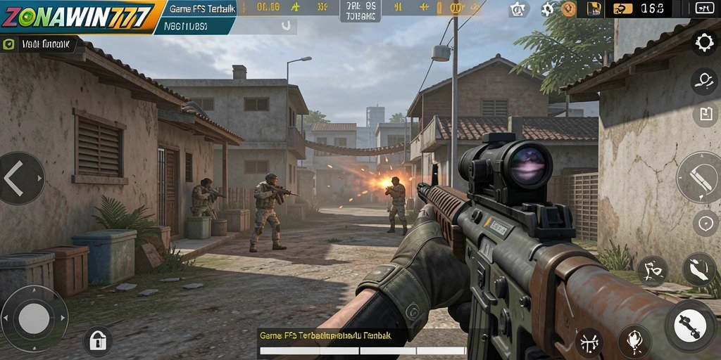 Tampilan gameplay mendebarkan dalam ZONAWIN777 saat beraksi di medan perang FPS.